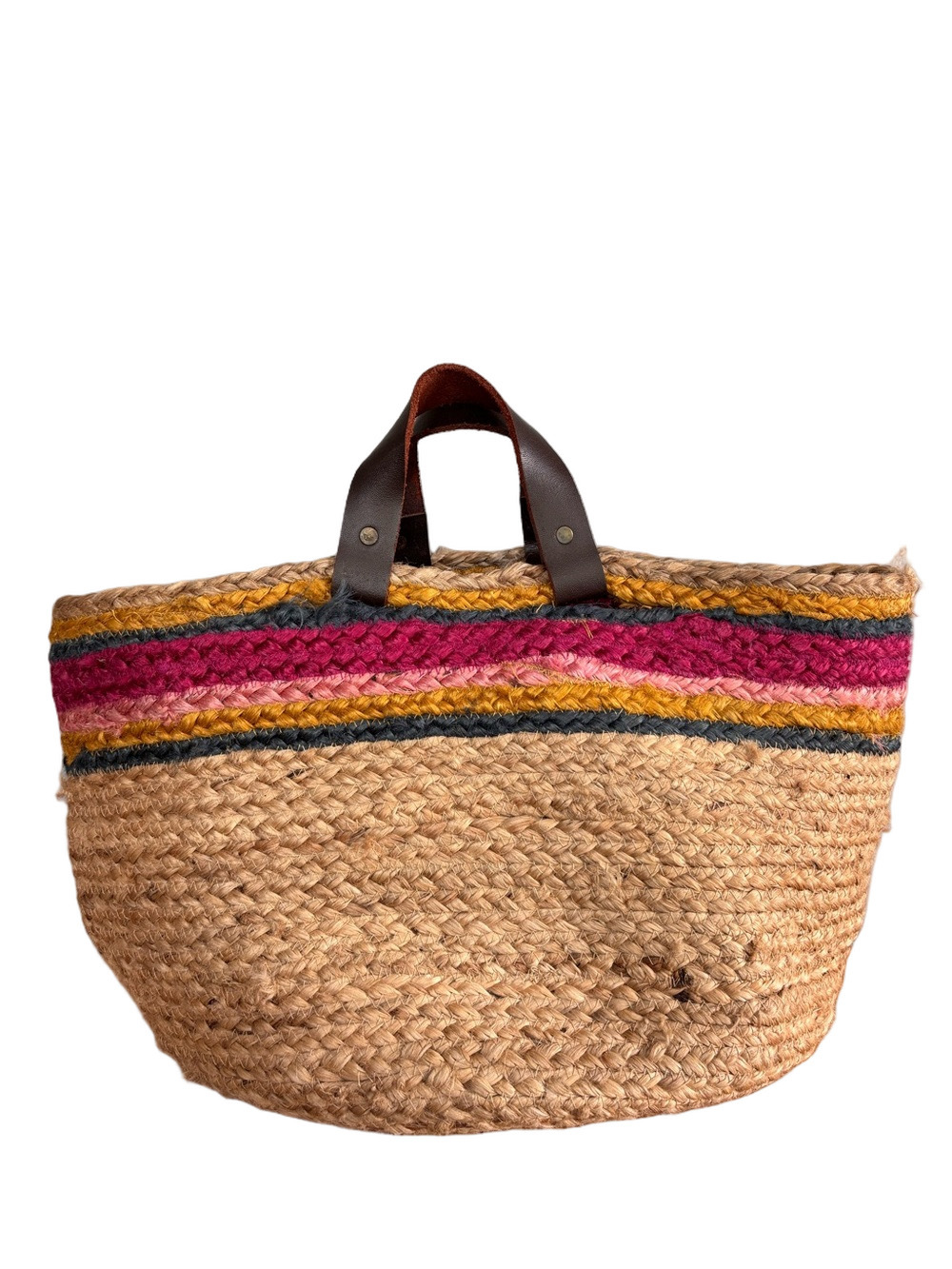 Vintage Woven Jute Tote with Pink, Mustard & Turquoise Stripes